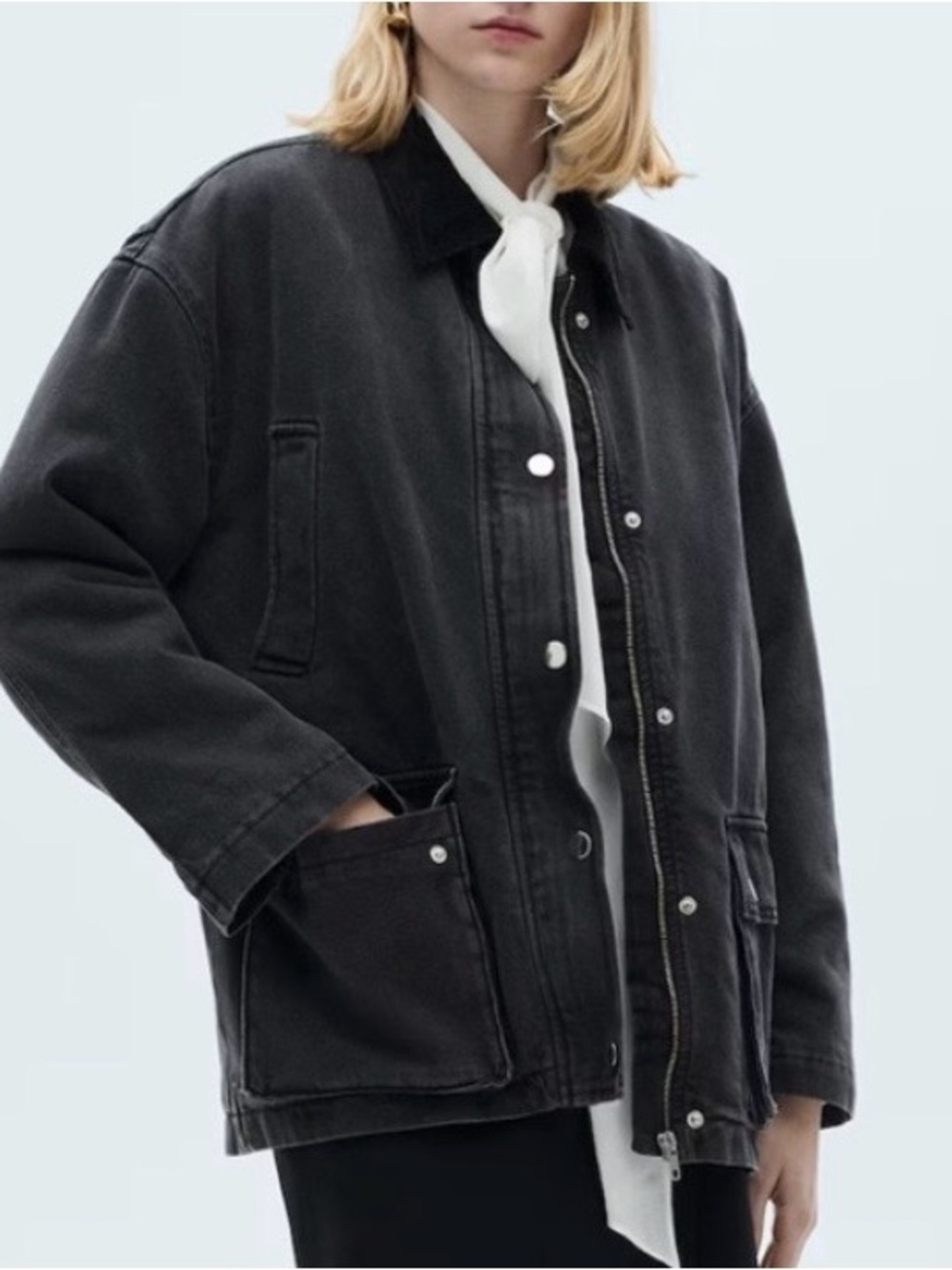 MANGO MNG Black Denim Quilted Chore Coat Washed Black Oversized Jacket
